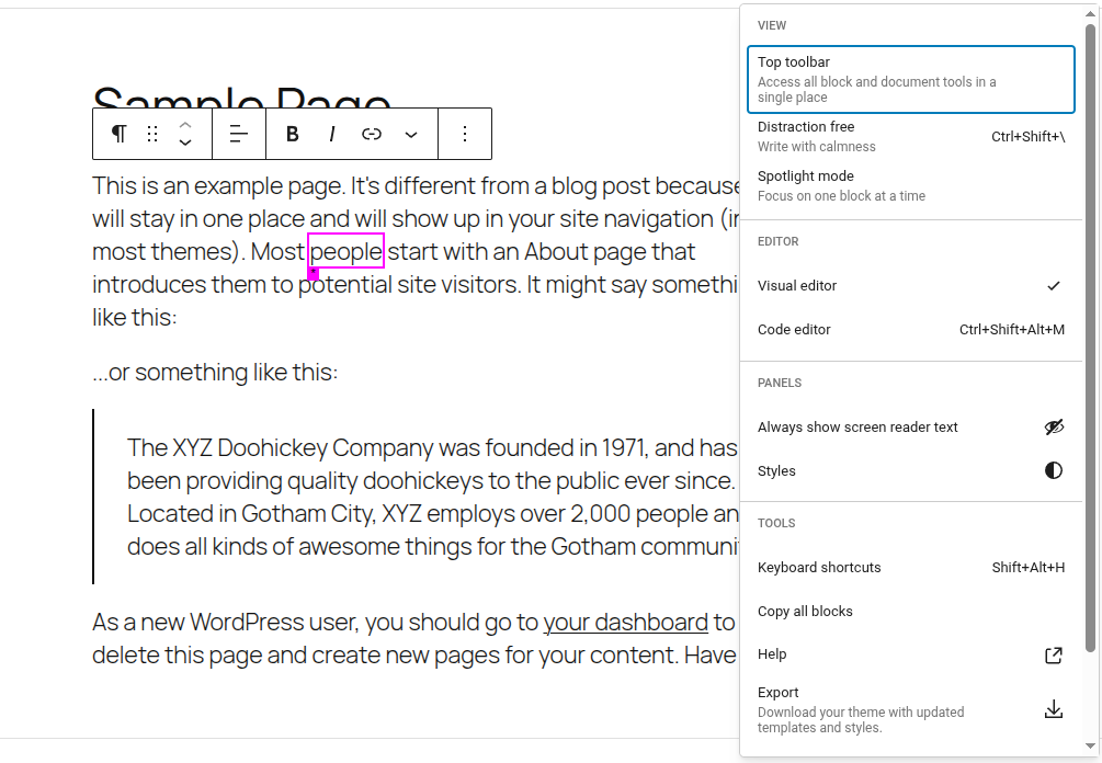 Full site editor is visible with the option menu for it opened and the Always show screen reader text menu is focused.