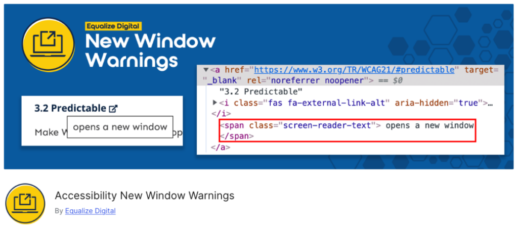Accessibility New Window Warnings WordPress plugin banner.