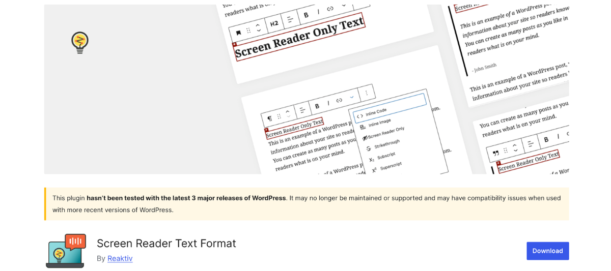 Screen Reader Text Format WordPress plugin banner.