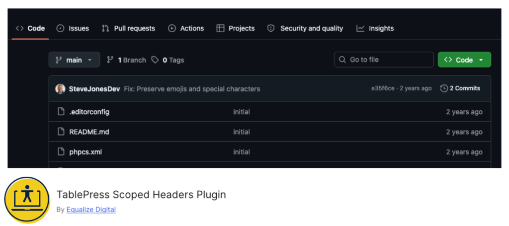 TablePress Scoped Headers WordPress plugin banner on GitHub.