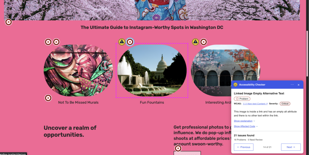 Default highlighter outline barely visible around an image because the website background is pink.
