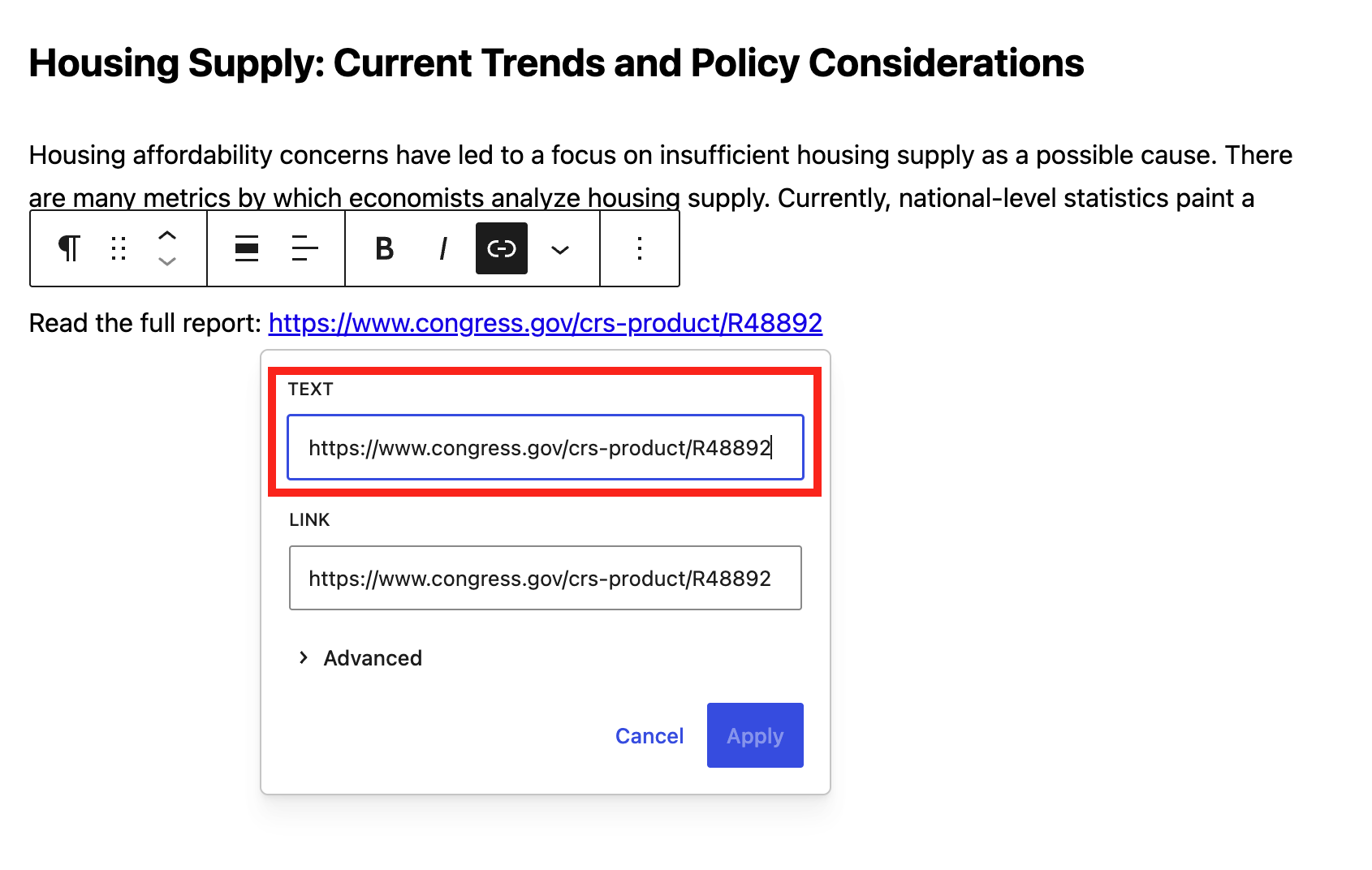 Text field highlighted in the edit link dialog within a paragraph block.