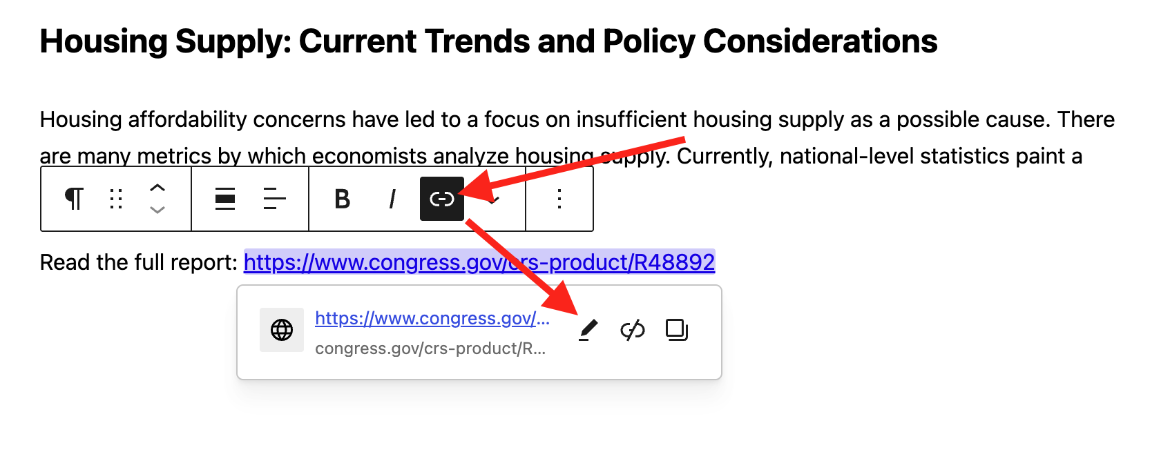 Arrow pointing to the link button in the toolbar for a paragraph block, then pointing to the Edit Link button in a dialog open below the link.