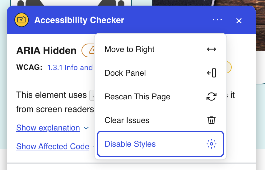 Disable Styles menu item in the Accessibility Checker front-end highlighter.
