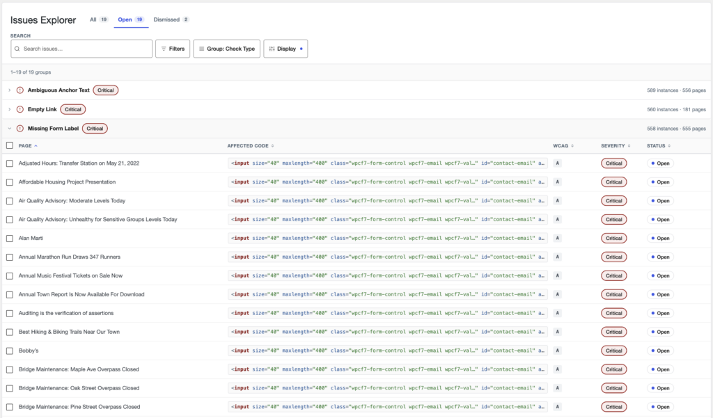 This is a screenshot of Accessibility Checker's issue explorer, showing issues grouped by check type, with an accordion for the missing form label check expanded showing numerous individual issues.