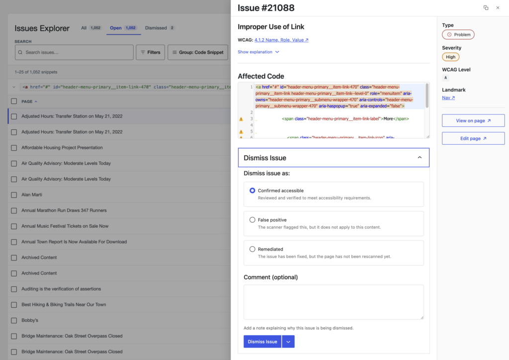 This is a screenshot of Accessibility Checker's issue explorer, showing issues grouped by code snippet, with an accordion for a link-related snippet expanded showing numerous individual instances of that issue. Issue #21088 instance related to improper use of link has been opened, with a modal displaying the WCAG criterion, type, severity, level, landmark location, code snippet, and an expandable accordion to dismiss the issue.