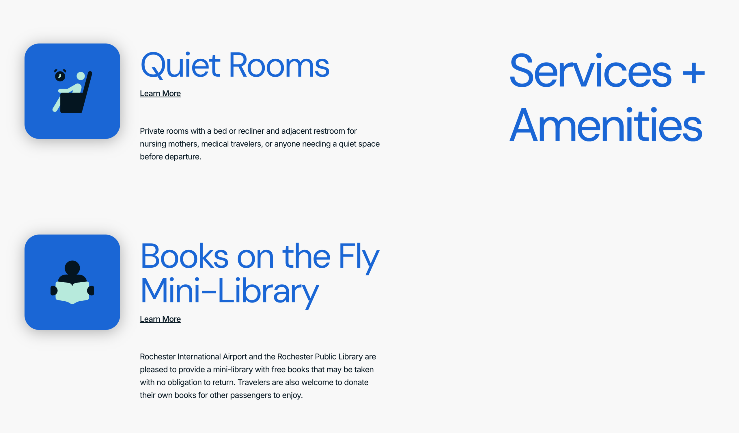 webpage section with the H2 heading "Services + Amenities" positioned in a separate column on the far right, while the related content cards ("Quiet Rooms" and "Books on the Fly Mini-Library") appear in a left column.
