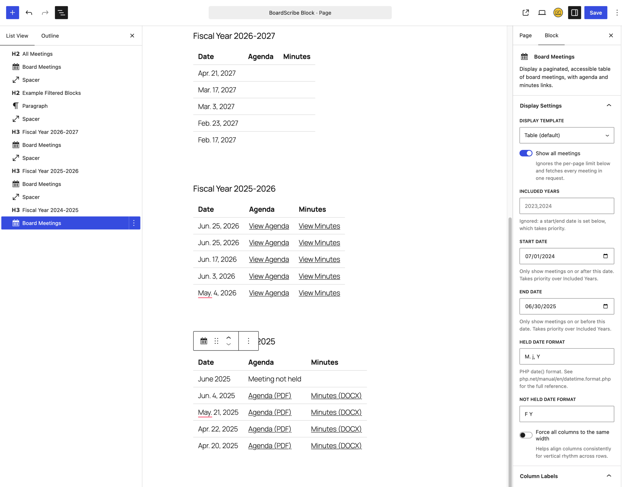WordPress block editor showing three Board Meetings tables under the headings “Fiscal Year 2026-2027,” “Fiscal Year 2025-2026” and “Fiscal Year 2024-2025” Each table lists meetings in rows with columns for the date, agenda, and minutes.