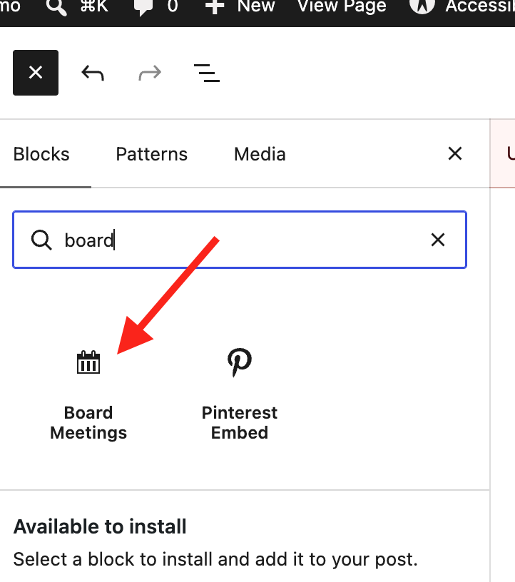 Arrow pointing to the Board Meetings block in the WordPress block inserter.