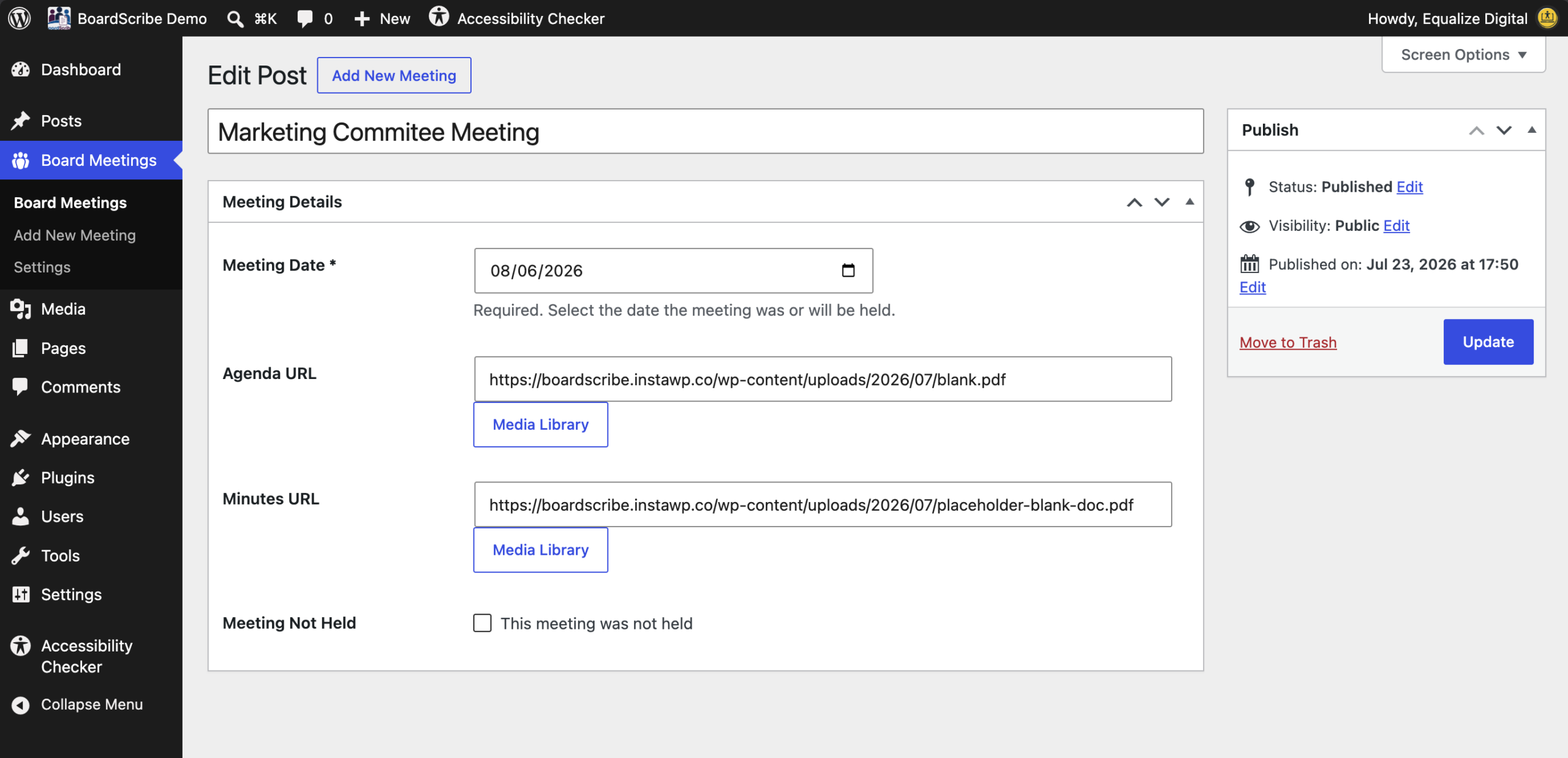 BoardScribe Edit Post screen for a Marketing Committee Meeting, showing fields for the meeting date, agenda URL, minutes URL, and a checkbox to indicate the meeting was not held.