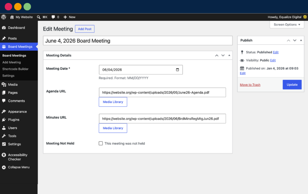 Board meeting post type edit screen with fields for Meeting Date, Agenda URL, Minutes URL, and a check box to indicate if the meeting was not held.