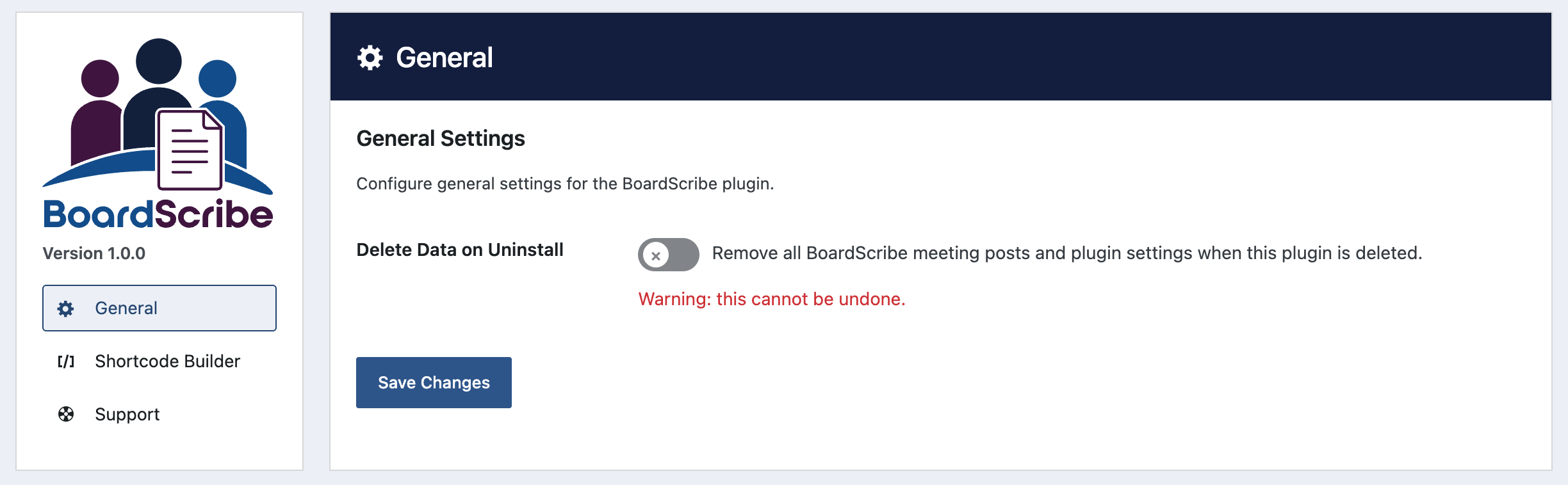 BoardScribe General Settings screen showing a “Delete Data on Uninstall” toggle, which removes all BoardScribe meeting posts and plugin settings when the plugin is deleted, with a warning that the action cannot be undone.