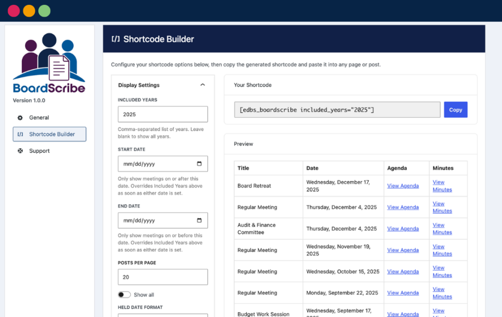 BoardScribe Shortcode Builder shows a form for display settings at right and a generated shortcode at right with a copy button above a live preview.