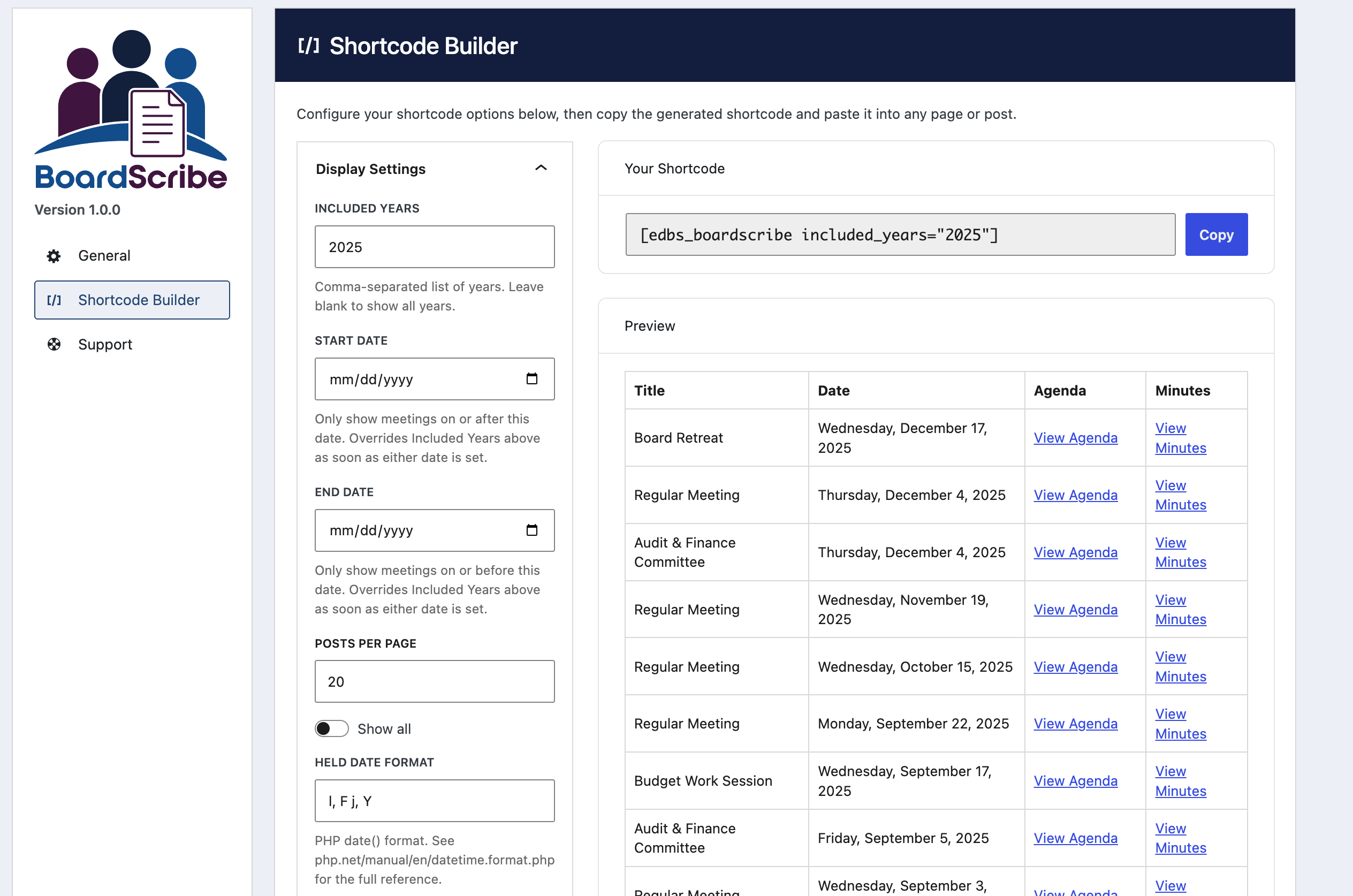BoardScribe Shortcode Builder screen showing display settings for filtering and formatting meetings, a generated shortcode with a Copy button, and a preview table of meetings with dates, agenda links, and minutes links.