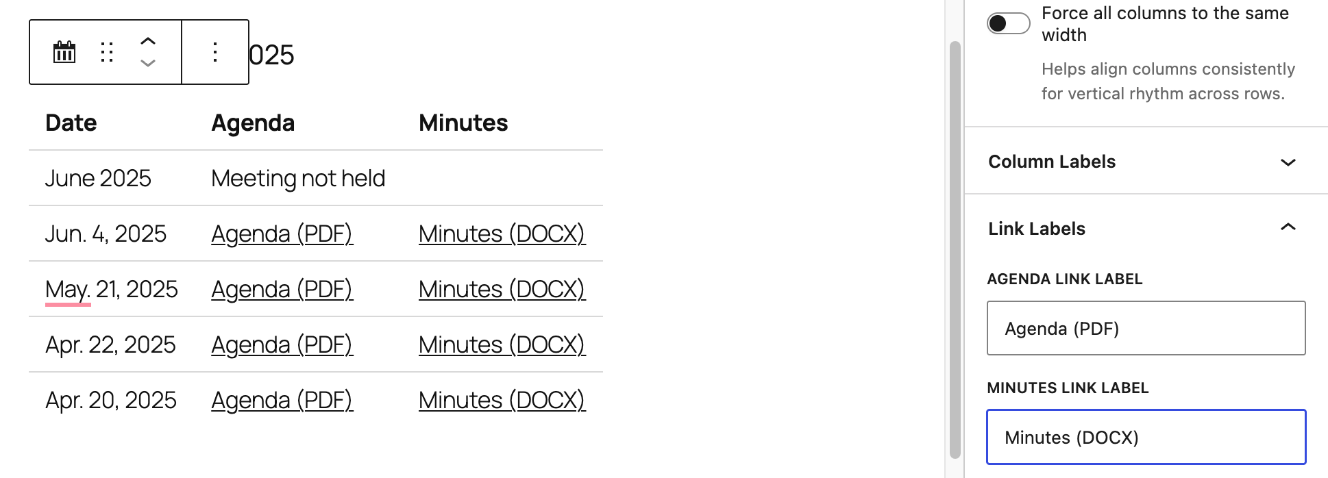 BoardScribe block editor showing a meeting table with Date, Agenda, and Minutes columns. Agenda links are labeled “Agenda (PDF)” and minutes links “Minutes (DOCX),” matching the custom Link Labels settings in the block sidebar.