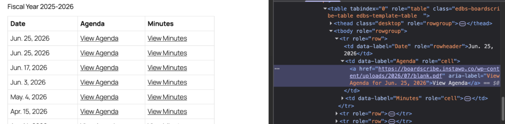 BoardScribe board meeting agenda links with arial label appending the date of the meeting to the visible text.