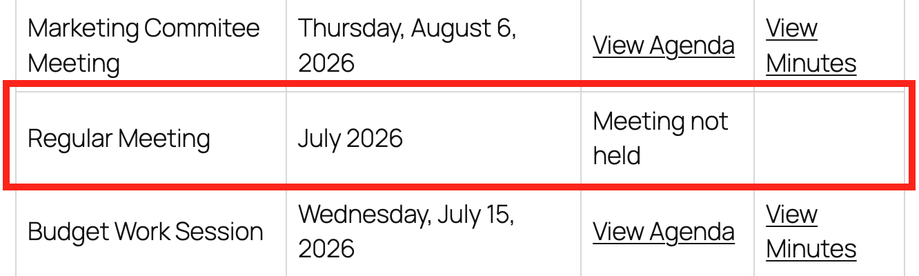 Meeting table showing a Regular Meeting with only “July 2026” instead of a specific meeting date, “Meeting not held” instead of a View Agenda link, and no View Minutes link.