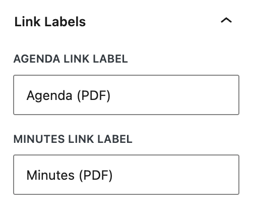 Screenshot of the BoardScribe Link Labels settings with fields for Agenda Link Label set to “Agenda (PDF)” and Minutes Link Label set to “Minutes (PDF).”