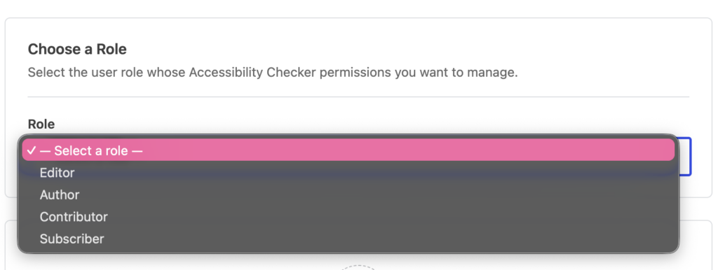 Open Role dropdown in Accessibility Checker permissions settings, showing options for Editor, Author, Contributor, and Subscriber.