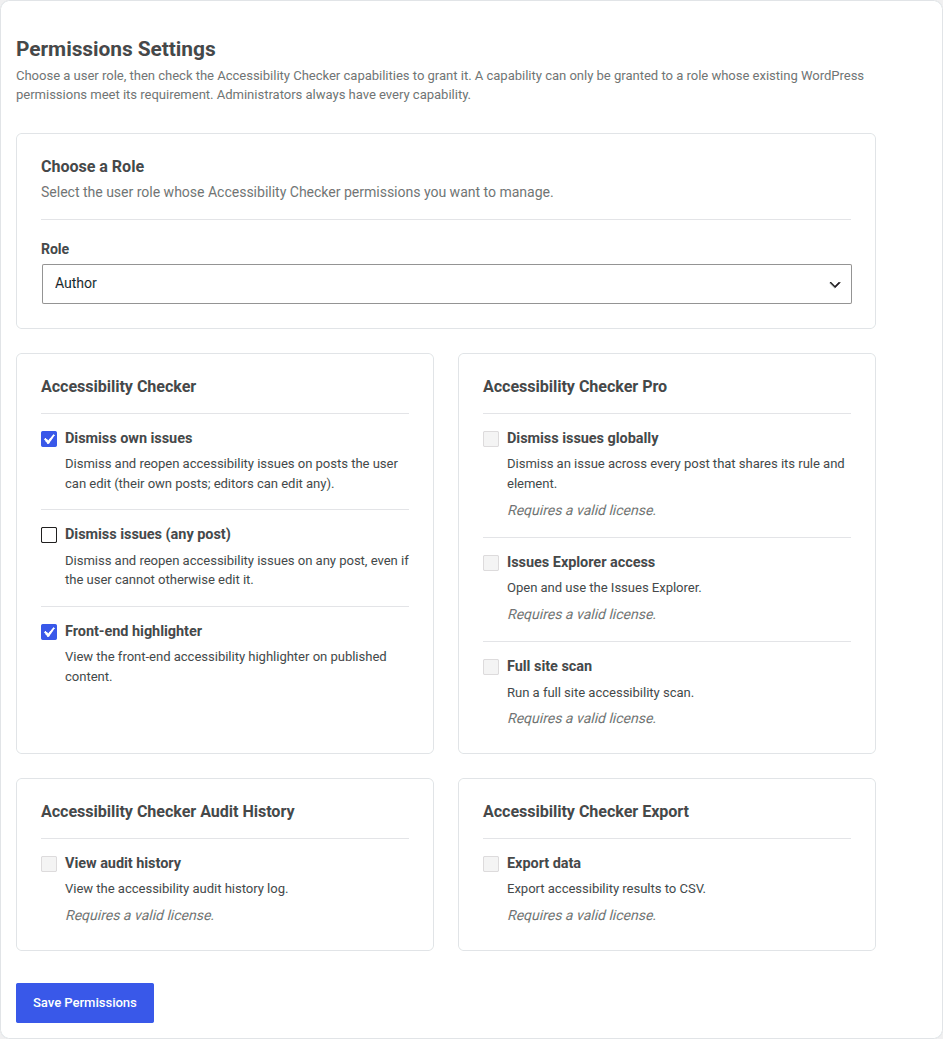 Accessibility Checker's Permissions Settings screen, with the Author role selected and capability checkboxes below the select, grouped by plugin: Accessibility Checker, Accessibility Checker Pro, Accessibility Checker Audit History, Accessibility Checker Export.