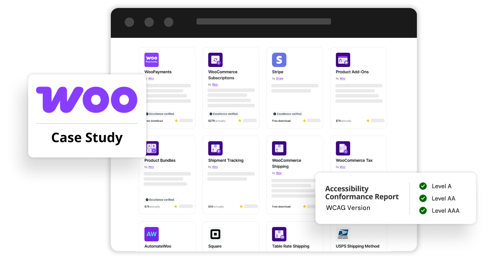 Woo Case Study showing a grid of WooCommerce extensions and Accessibility Conformance Report WCAG Version, Level A, Level AA, and Level AAA checked.