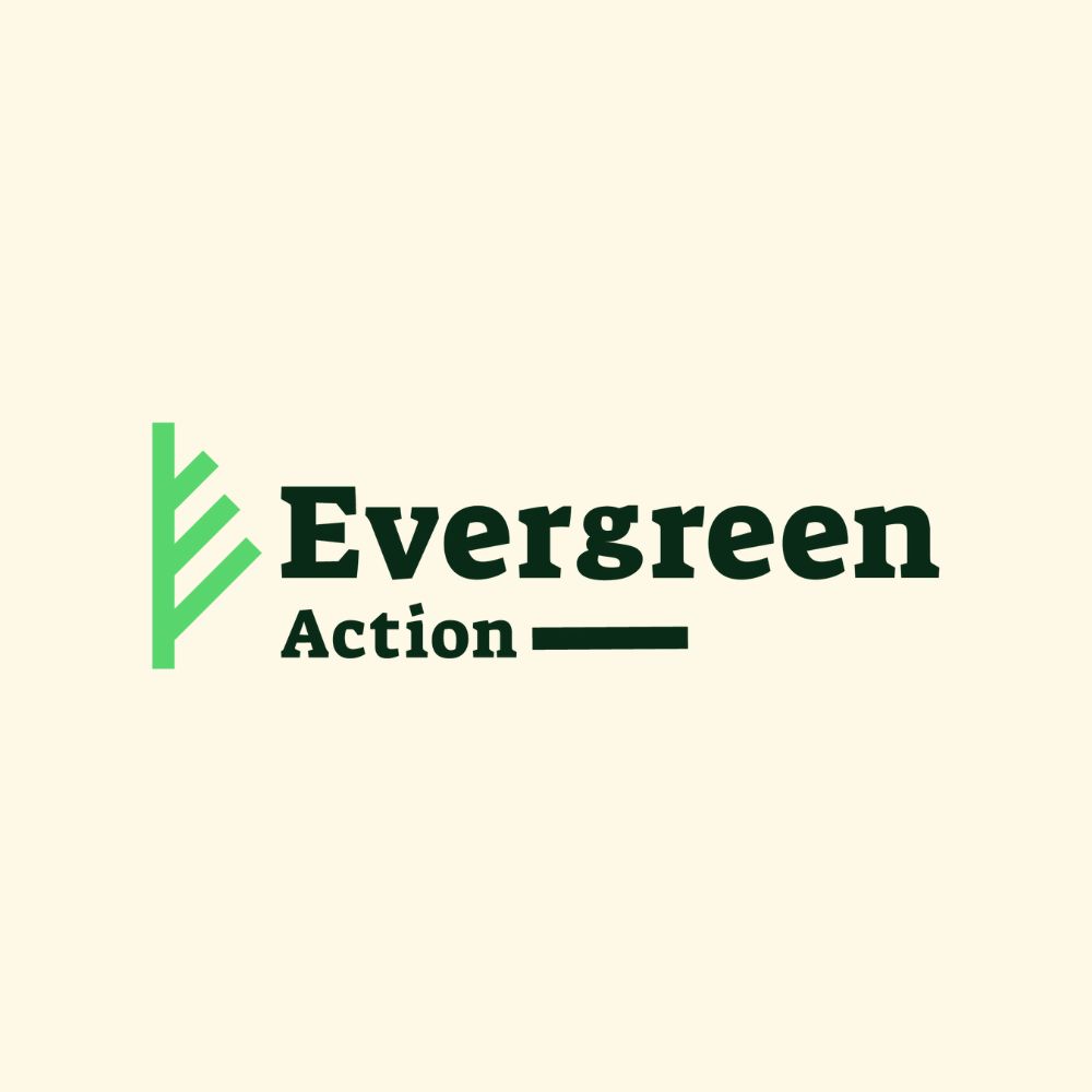 Lime green tree and "Evergreen Action" in dark green on a beige background.